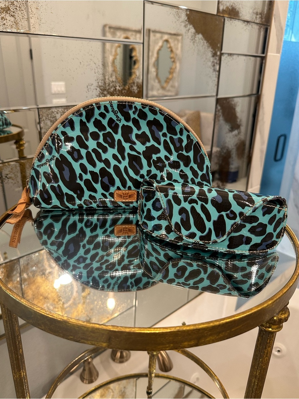 Consuela Teal and Black Leopard Print Cosmetic Pouch Set